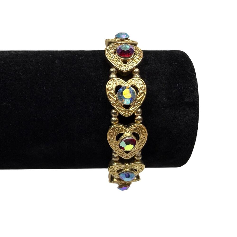 Vintage Style Gold Tone Heart Iridescent Crystal Rhinestone Stretch Bracelet 6.5